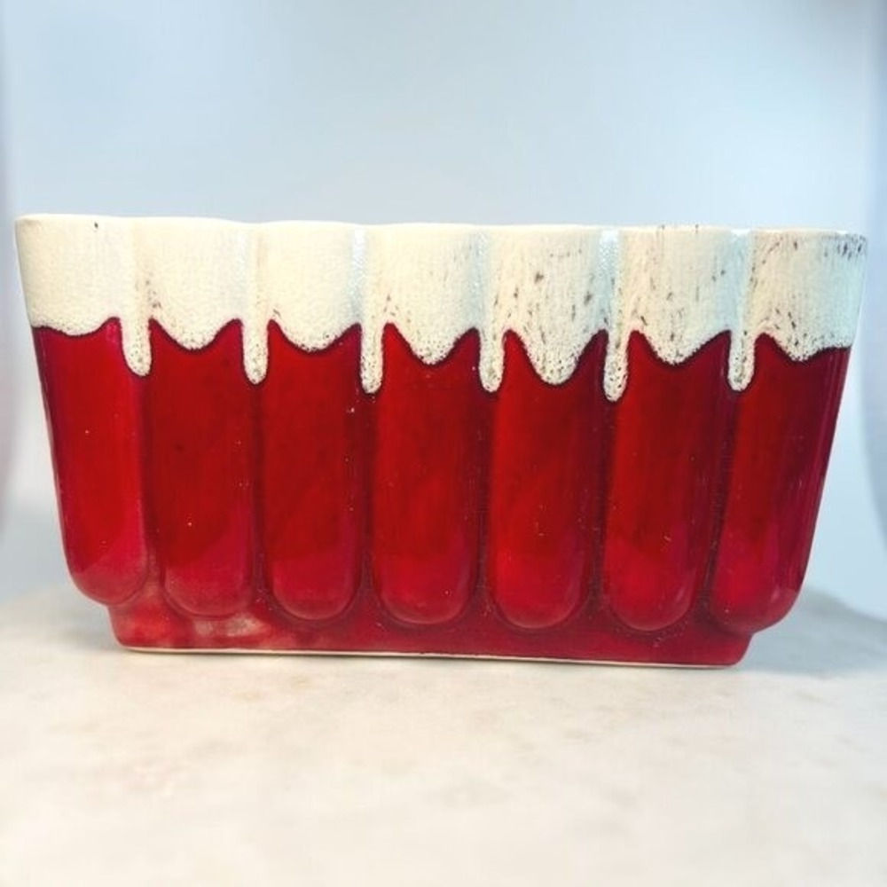 Vtg Scalloped Planter Vase Container Aborn G3 Calif‎ Red White Ceramic Gift
